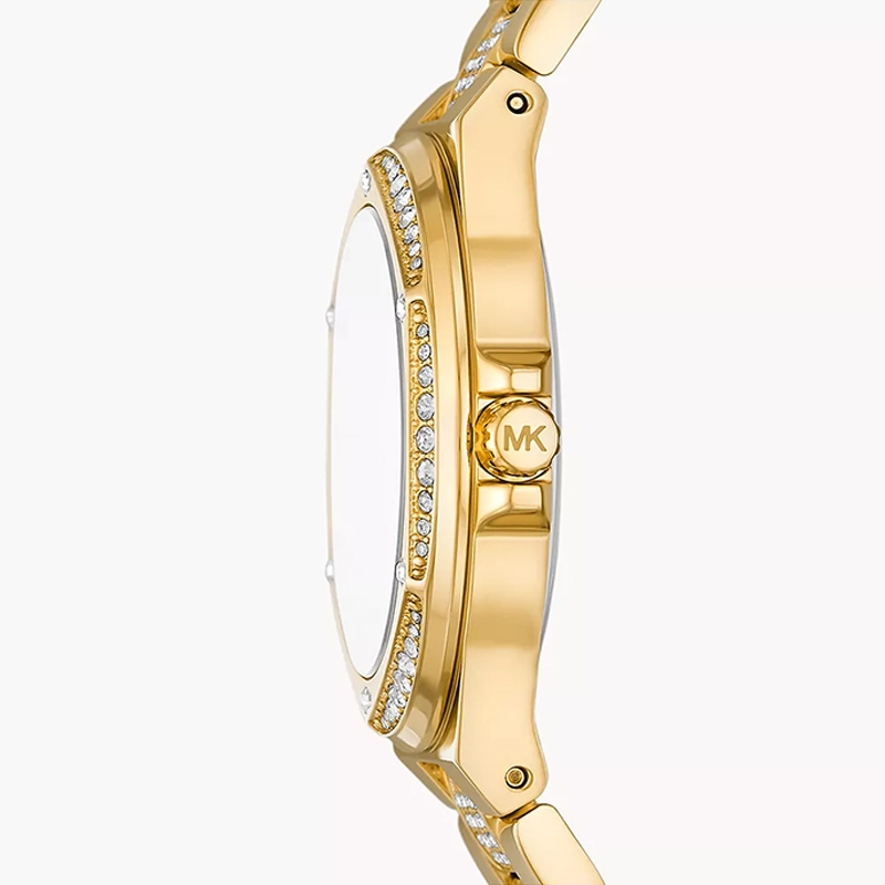Reloj Mkors analogo, para Dama, tablero redondo color plateado, estilo index + arabigo, pulso acero color dorado