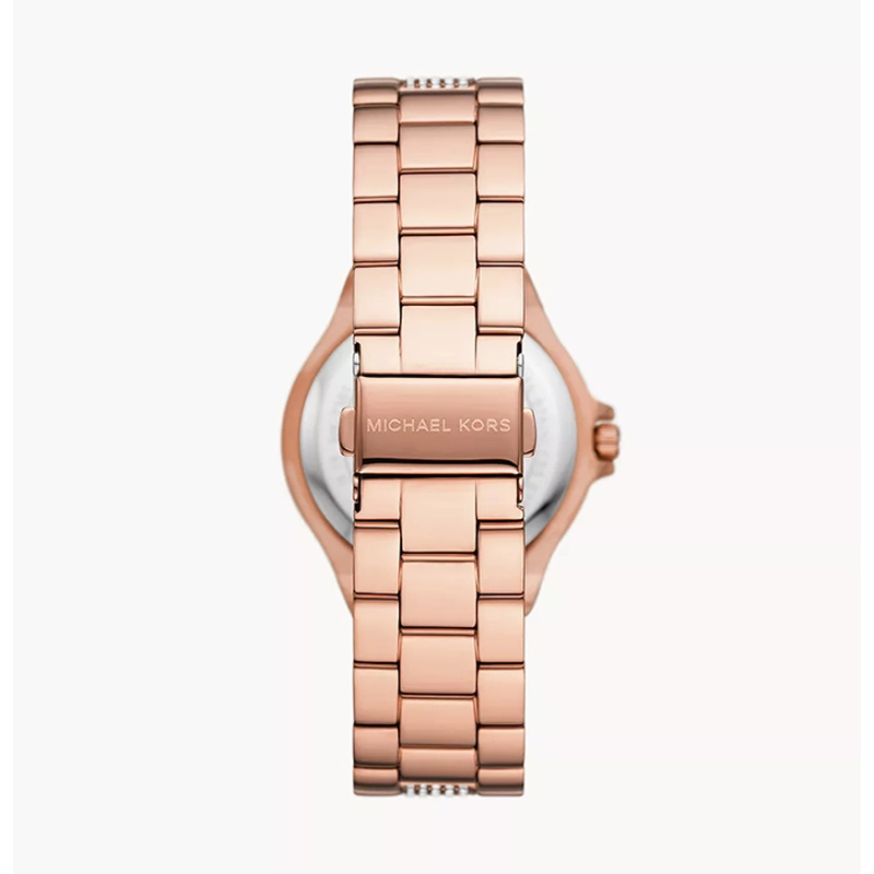 Reloj Mkors analogo, para Dama, tablero redondo color plateado, estilo index + arabigo, pulso acero color rosa