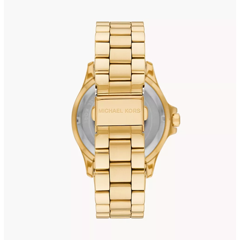 Reloj Mkors analogo, para Dama, tablero redondo color blanco, estilo index + romano, pulso acero color dorado