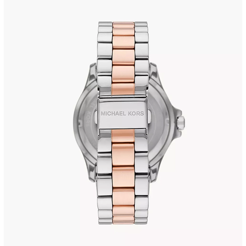 Reloj Mkors analogo, para Dama, tablero redondo color rosado, estilo index + romano, pulso acero colores plateado y rosa