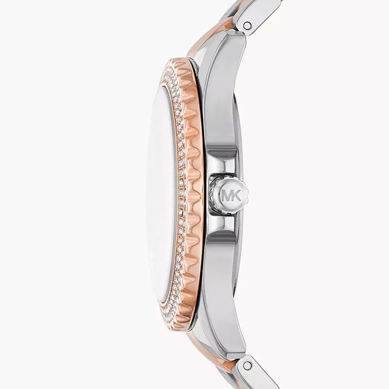 Reloj Mkors analogo, para Dama, tablero redondo color rosado, estilo index + romano, pulso acero colores plateado y rosa