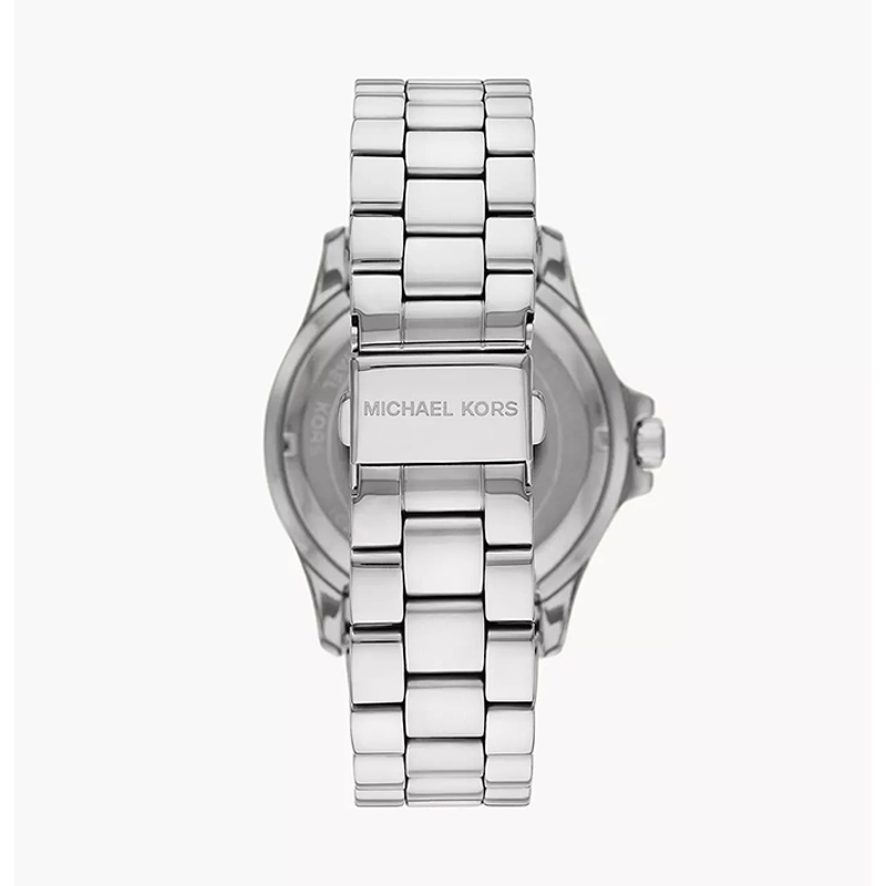 Reloj Mkors analogo, para Dama, tablero redondo color blanco, estilo index + romano, pulso acero color plateado