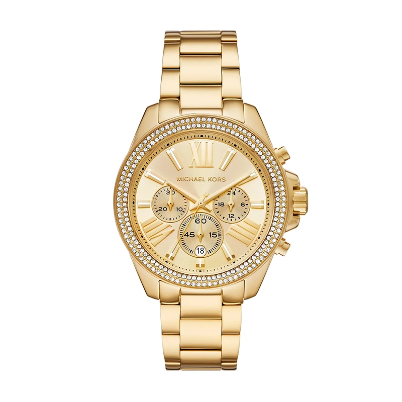 Reloj Mkors analogo, para Dama, tablero redondo color dorado, estilo index + romano, pulso acero color dorado, calendario, cronografo