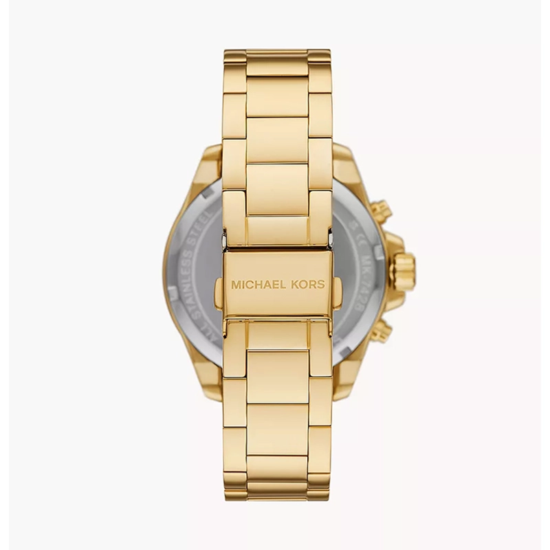 Reloj Mkors analogo, para Dama, tablero redondo color dorado, estilo index + romano, pulso acero color dorado, calendario, cronografo