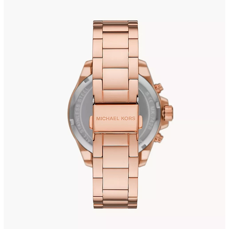 Reloj Mkors analogo, para Dama, tablero redondo color rosa, estilo index + romano, pulso acero color rosa, calendario, cronografo
