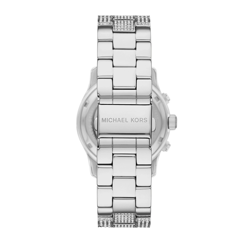 Reloj Mkors analogo, para Dama, tablero redondo color plateado, estilo index + arabigo, pulso acero color plateado, calendario, cronografo