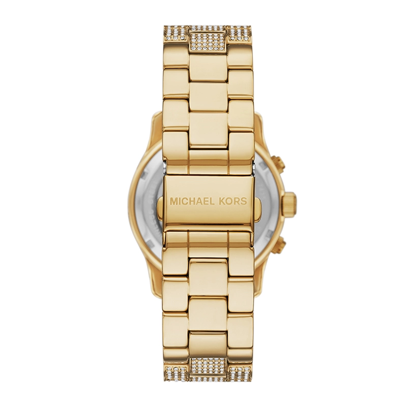 Reloj Mkors analogo, para Dama, tablero redondo color dorado, estilo index + arabigo, pulso acero color dorado, calendario, cronografo