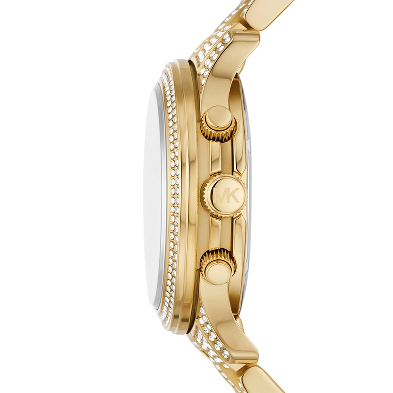 Reloj Mkors analogo, para Dama, tablero redondo color dorado, estilo index + arabigo, pulso acero color dorado, calendario, cronografo