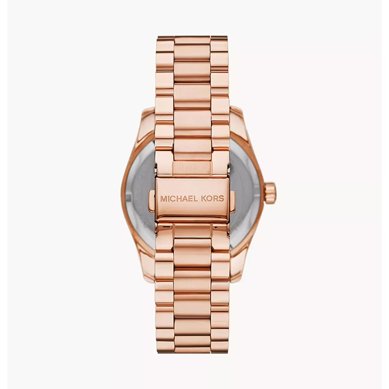 Reloj Mkors analogo, para Dama, tablero redondo color rosado, estilo index, pulso acero color rosa