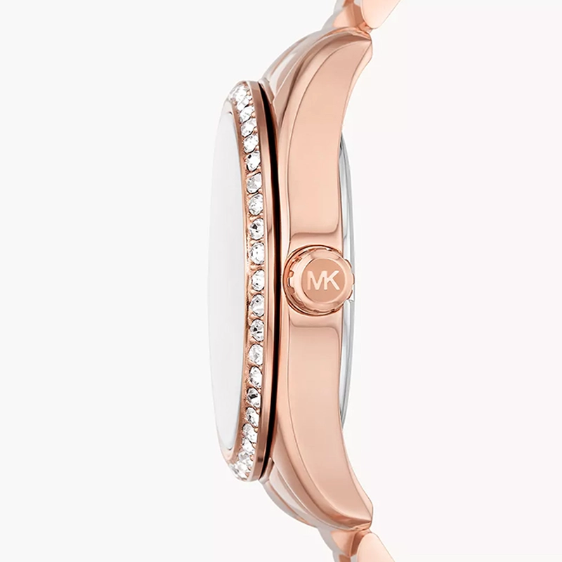 Reloj Mkors analogo, para Dama, tablero redondo color rosado, estilo index, pulso acero color rosa
