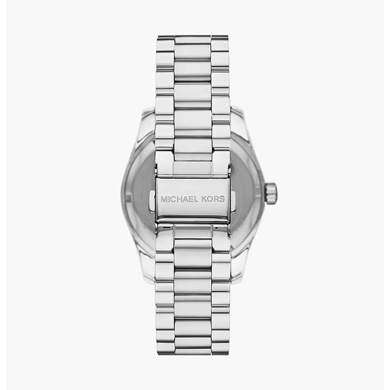 Reloj Mkors analogo, para Dama, tablero redondo color blanco, estilo index, pulso acero color plateado