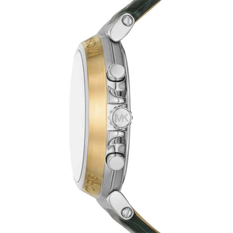 Reloj Mkors analogo, para Dama, tablero redondo colores blanco y dorado, estilo index + arabigo, pulso cuero color verde, calendario, cronografo
