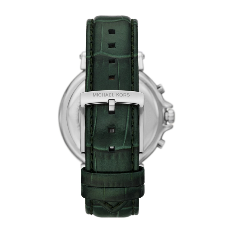 Reloj Mkors analogo, para Dama, tablero redondo colores blanco y dorado, estilo index + arabigo, pulso cuero color verde, calendario, cronografo
