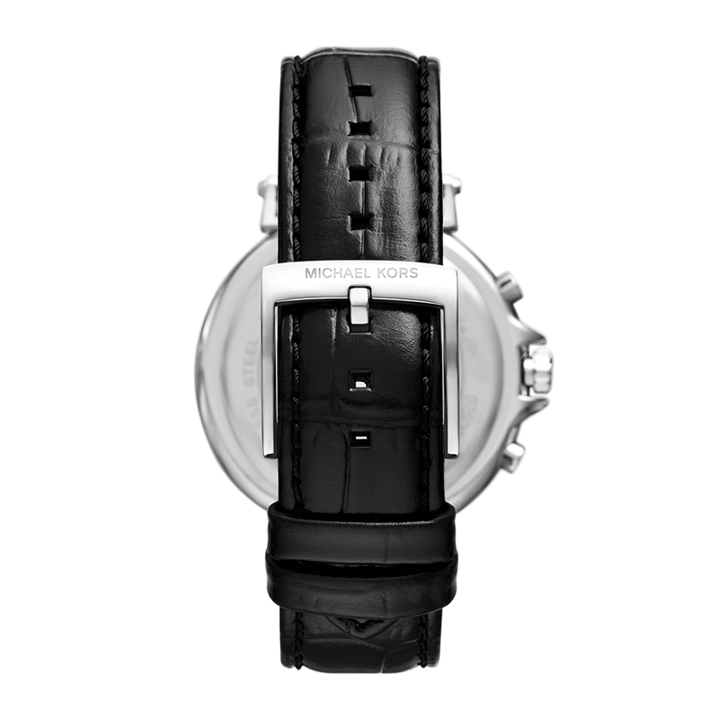 Reloj Mkors analogo, para Dama, tablero redondo colores negro y blanco, estilo index + arabigo, pulso cuero color negro, calendario, cronografo