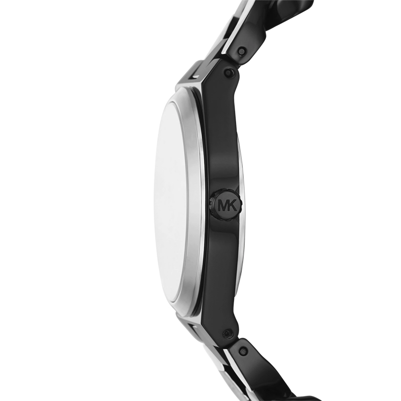 Reloj Mkors analogo, para Dama, tablero redondo colores negro y plateado, estilo romanos, pulso acero colores negro y plateado