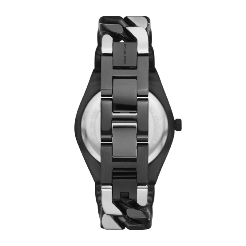 Reloj Mkors analogo, para Dama, tablero redondo colores negro y plateado, estilo romanos, pulso acero colores negro y plateado
