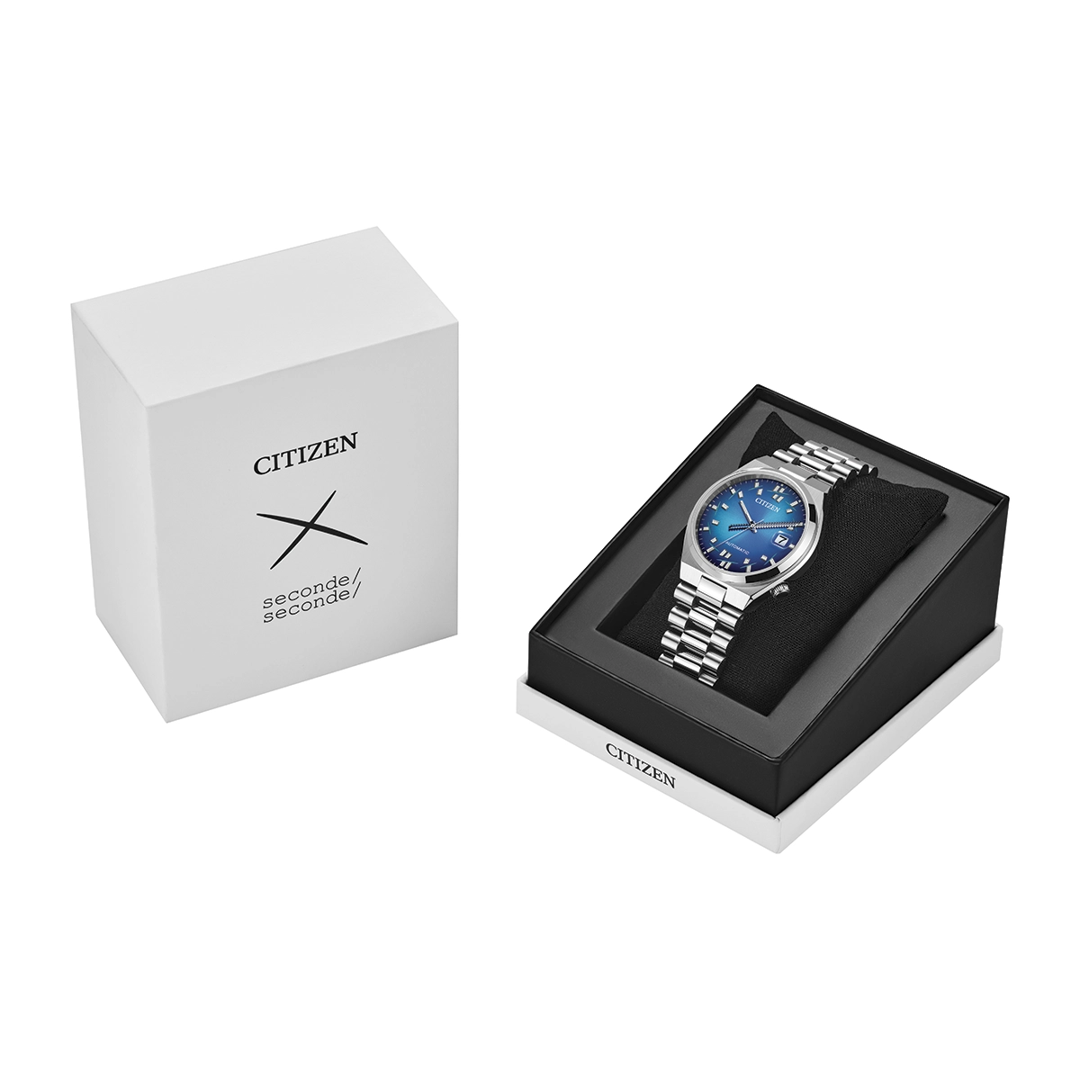 Reloj Citizen análogo, para Hombre, tablero redondo color azul, estilo index, pulso acero color plateado, calendario