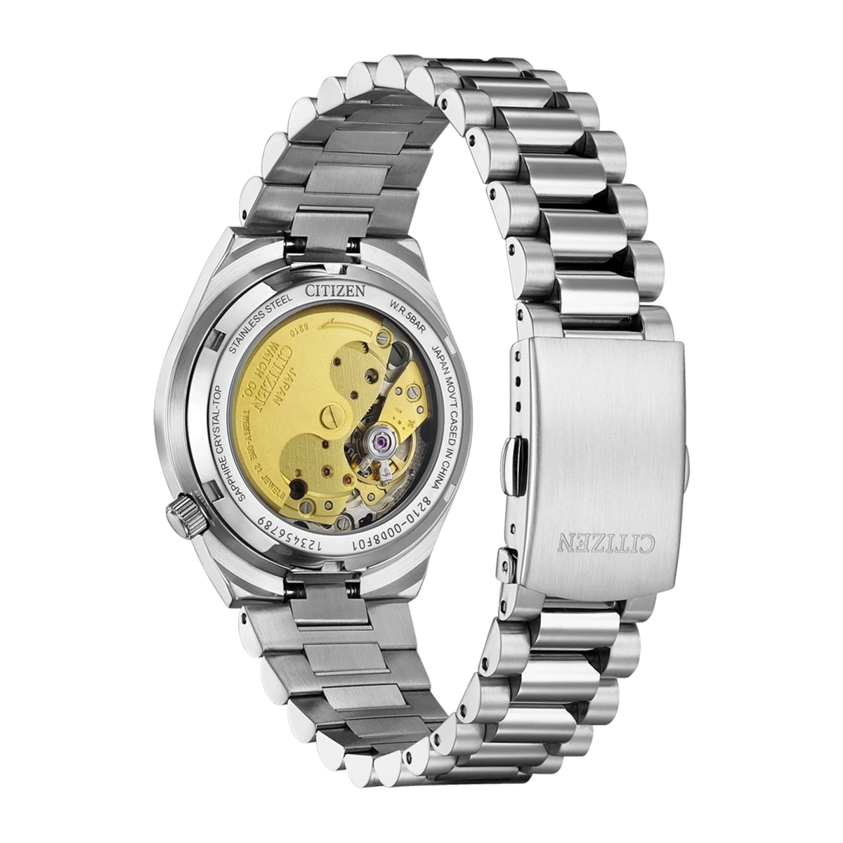 Reloj Citizen análogo, Unisex, tablero redondo color negro, estilo index, pulso acero color plateado