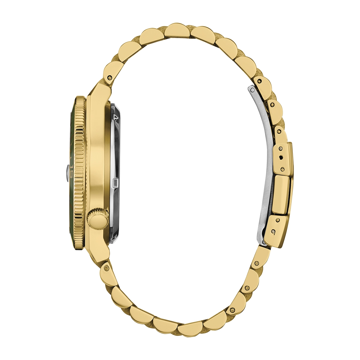 Reloj Citizen análogo, para Hombre, tablero redondo color verde, estilo index, pulso acero color dorado, calendario
