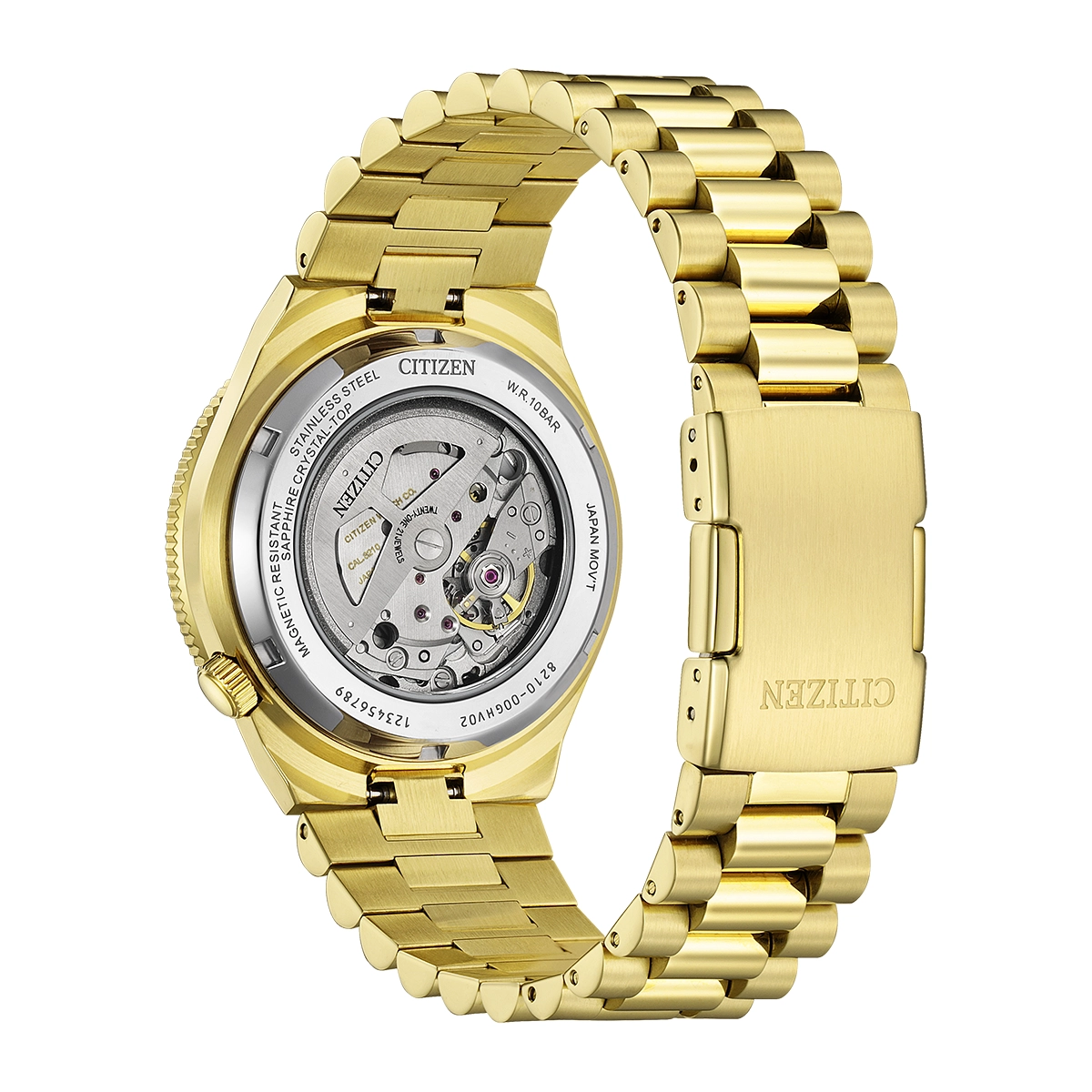 Reloj Citizen análogo, para Hombre, tablero redondo color verde, estilo index, pulso acero color dorado, calendario