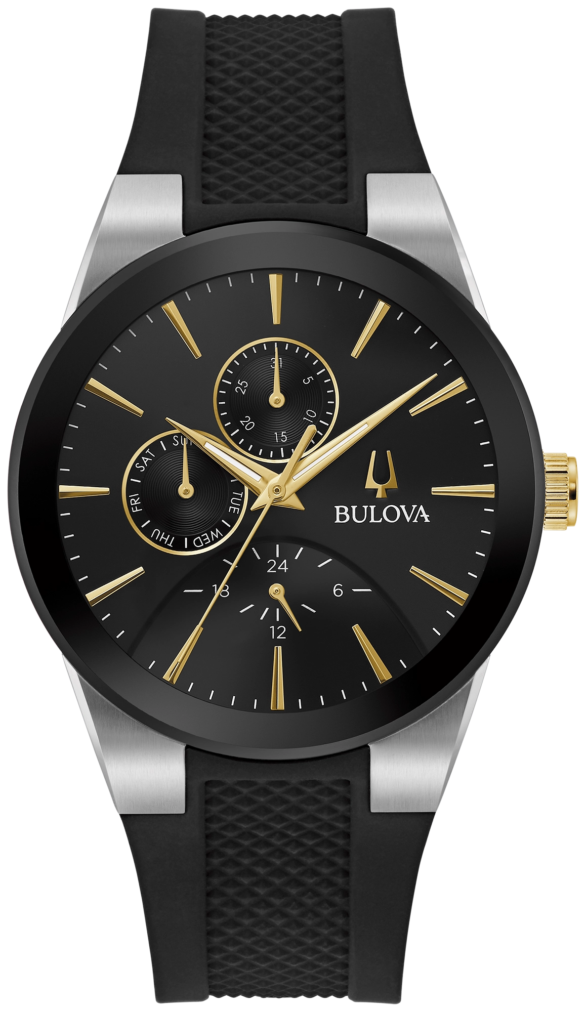 Reloj Bulova con caja negra, esfera negra y detalles dorados