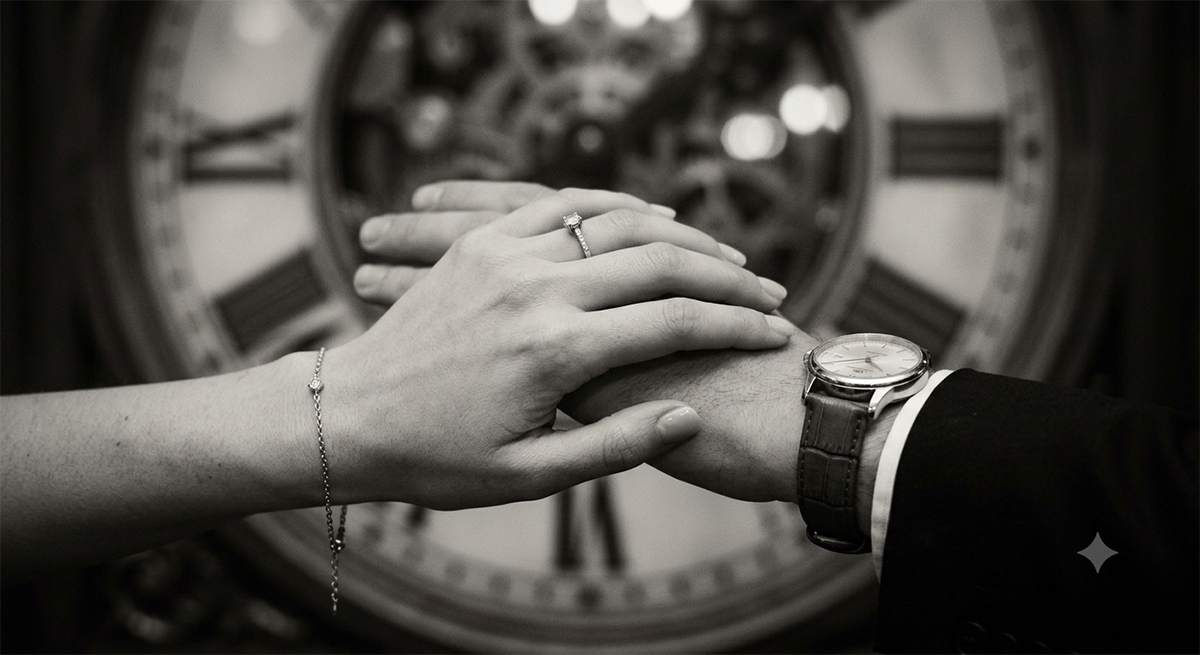 Dos manos entrelazadas, una de ellas con un reloj puesto, sobre un fondo de maquinaria relojera